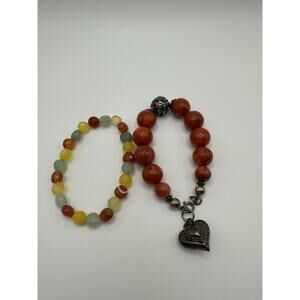 Lot Of 2 Red Beaded Bracelets With Silver Tone Heart Charm